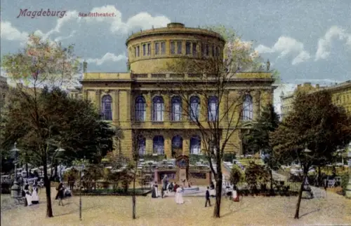 Ak Magdeburg an der Elbe, Stadttheater  Menschen im Park, Bäume, Blumen