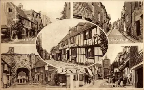 Ak Rye East Sussex England, Verschiedene Straßenansichten, Mermaid Inn, Watchbell Street, Lion St