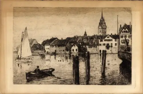 Ak Friedrichshafen am Bodensee, Stadtansicht, Wasser, Segelboot, Fischerboot,  Gebäude