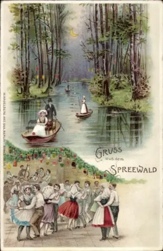 Litho Spreewald, Tanzende Menschen, Ruderboote