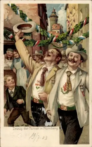 Ganzsachen Künstler Ak 10. Deutsches Turnfest 1903 Nürnberg, Einzug der Turner