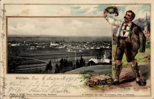 Passepartout Ak Weilheim Oberbayern, Panorama, Wanderer in Tracht, Lederhose