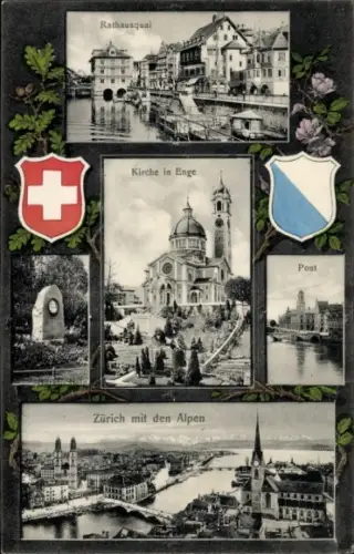 Ak Zürich Stadt Schweiz, Rathausquai, Kirche in Enge, Panorama, Post, Denkmal, Wappen