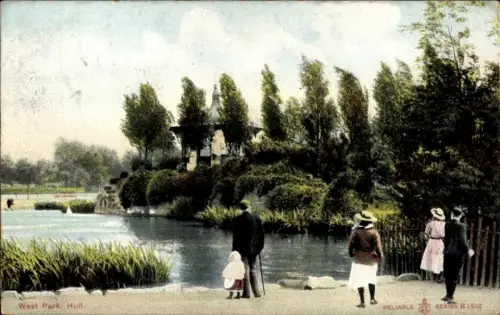 Ak Hull Kingston upon Hull Yorkshire England, West Park,  Parklandschaft, Menschen am Wasser, Bäu