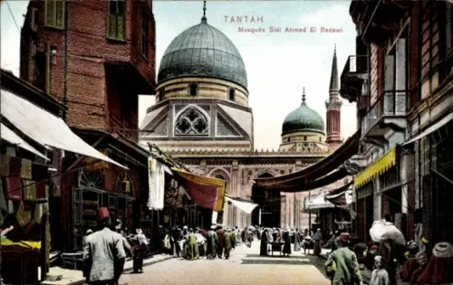 Ak Tantah Tanta Ägypten, Moschee Sidi Ahmed El Badawi, Marktstraße, Menschen, Stände