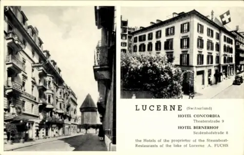 Ak Lucerne Luzern Stadt Schweiz, Hotel Concordia, Hotel Bernerhof,  Schweiz, Werbung für Hotels