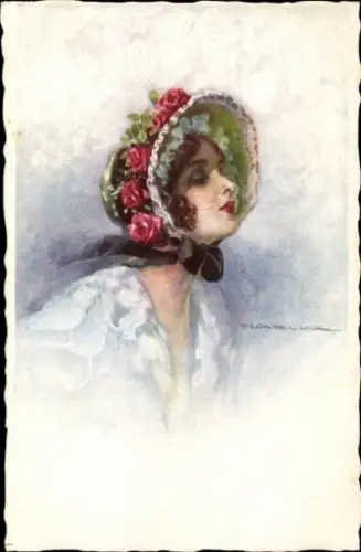 Künstler Ak Corbella, T., Portrait einer Frau mit Hut, Rosen