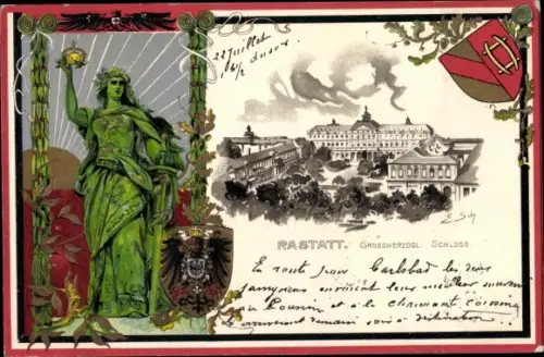 Präge Wappen Künstler Litho Rastatt im Schwarzwald, Großherzogliches Schloss