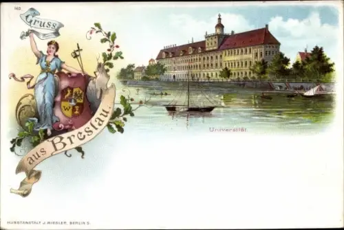 Wappen Litho Wrocław Breslau Schlesien, Universität, Uferpartie