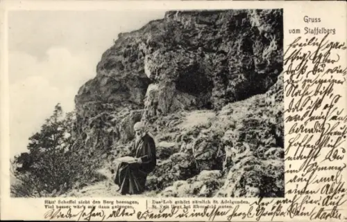 Ak Bad Staffelstein am Main Oberfranken, Staffelberg, Mann auf Felsen, Gruss vom  Gedicht über St