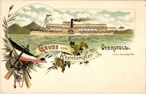 Litho Rheindampfer Overstolz, Ausflugsfahrt auf dem Rhein