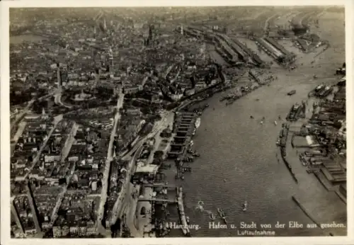 Ak Hamburg Mitte Altstadt, Hafen und Stadt, Blick von der Elbe, Luftbild