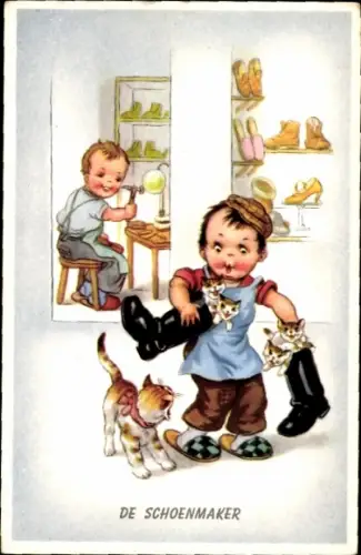Ak Schuhmacher, Schuster, Katzen in Stiefeln