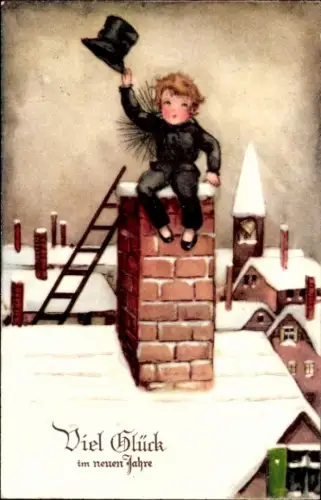 Ak Glückwunsch Neujahr, Schornsteinfeger, Dach, Leiter