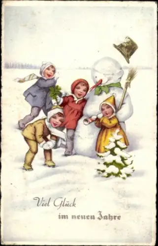 Ak Glückwunsch Neujahr, Kinder, Schneemann