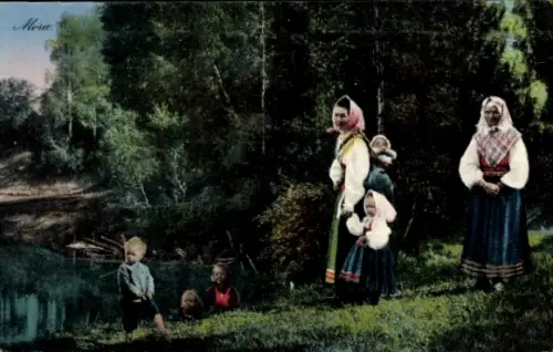 Ak Mora Schweden, Frauen mit Kindern in Tracht