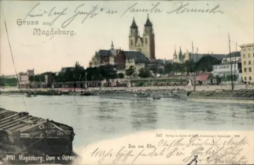 Ak Magdeburg an der Elbe, Farbige Ansicht von  Dom, Fluss, Schiffe, 