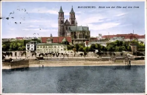 Ak Magdeburg an der Elbe,  Blick von der Elbe, Dom, Wasser, Stadtansicht