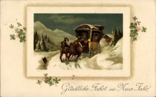 Passepartout Ak Glückwunsch Neujahr, Pferdekutsche in Winterlandschaft, Kleeblätter