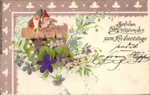 Präge Material Ak Glückwunsch Geburtstag, Blumen, Zwerge