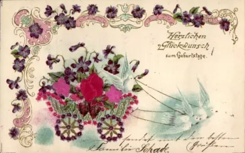 Material Präge Ak Glückwunsch Geburtstag, Tauben, Blumen