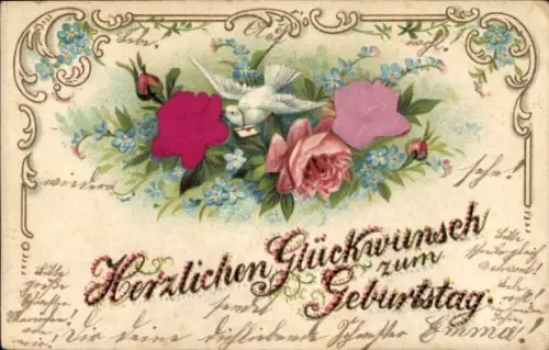 Material Präge Ak Glückwunsch Geburtstag, Tauben, Blumen