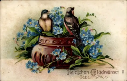 Präge Ak Glückwunsch Geburtstag, Vögel, Vergissmeinnicht