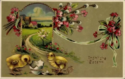 Ak Glückwunsch Ostern, Küken, Blumen, Weidenkätzchen