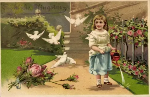 Ak Glückwunsch Pfingsten, Mädchen gießt Blumen, Tauben, Rosen