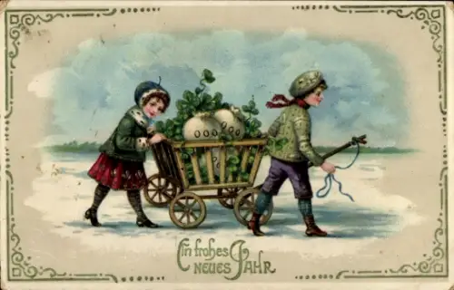 Präge Ak Glückwunsch Neujahr, Kinder, Glücksklee, Geldsack