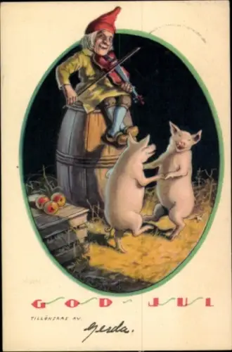Künstler Ak Nyström, Jenny, Frohe Weihnachten, Zwerg mit Geige, tanzende Schweine