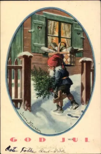 Künstler Ak Nyström, Jenny, Frohe Weihnachten, Zwerg mit Tannenbaum und Geschenken