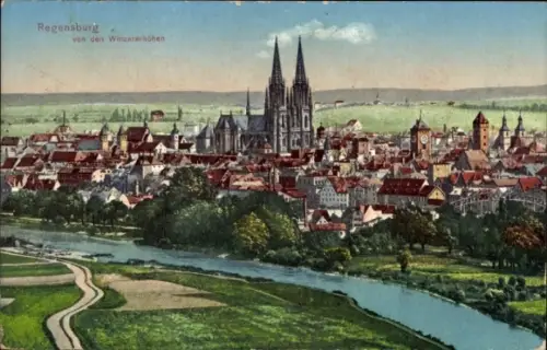 Ak Regensburg an der Donau Oberpfalz,  Stadtansicht, Fluss, Türme, 