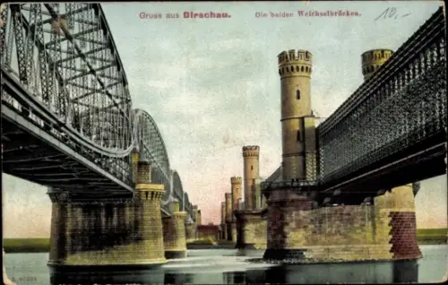 Ak Tczew Dirschau Pommern, Gruss aus  die beiden Weichselbrücken, Brücken, Wasser