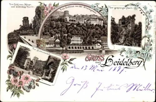 Litho Heidelberg am Neckar, Schloss Altan, gesprengter Turm, Schlosshof