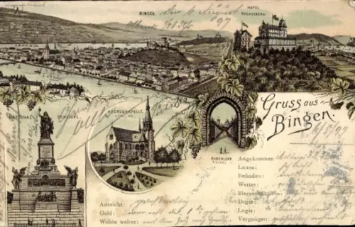 Litho Bingen am Rhein, Gesamtansicht, Rochuskapelle, Rüdesheim am Rhein, Denkmal