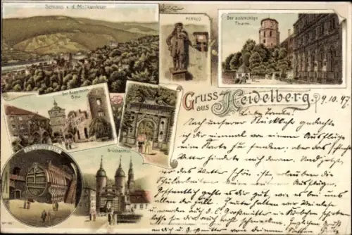 Litho Heidelberg am Neckar, Schloss, Der achteckige Turm, Großes Fass, Brückentor