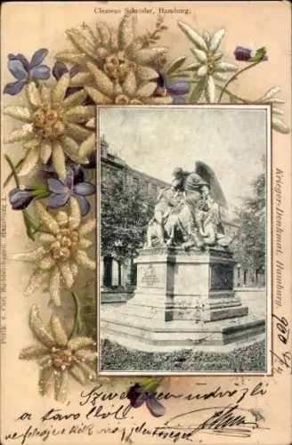 Passepartout Glitzer Ak Hamburg, Kriegerdenkmal, Edelweiß