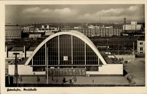 Ak Gdynia Gotenhafen Pommern, Markthalle,  große Fensterfront, Schriftzug, keine Personen