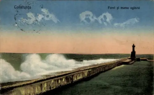 Ak Constanța Konstanza Rumänien, Leuchtturm, stürmisches Meer, Küstenlinie, Himmel mit Wolken