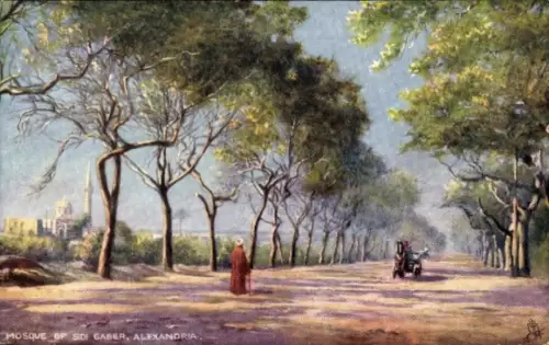 Ak Alexandria Ägypten, Moschee von Sidi Gaber,  Bäume, Straße, Kutsche