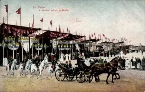 Ak Cairo Kairo Ägypten,  Khodive besucht den Moulet, Pferde, Kutschen, Flaggen