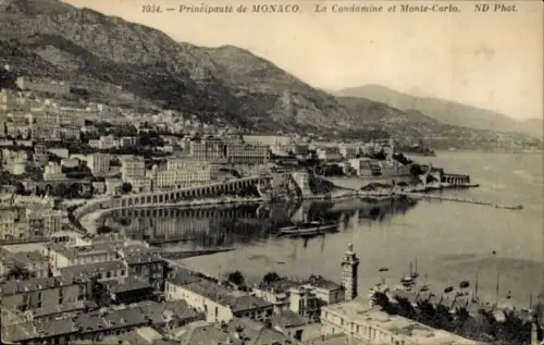 Ak Monte Carlo Monaco, Monte-Carlo, La Condamine, 1934, Küstenansicht, Schiffe im Hafen
