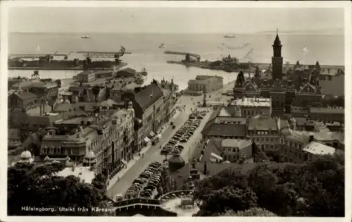 Ak Hälsingborg Helsingborg Schweden,  Blick von Kärnan, Hafen, Schiffe, Stadtansicht
