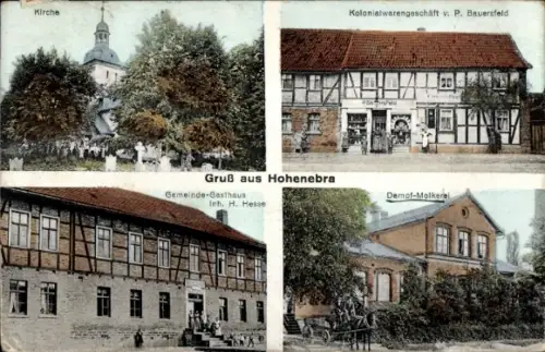 Ak Hohenebra Sondershausen im Kyffhäuserkreis Thüringen, Kirche, Gemeinde-Gasthaus, Kolonialwaren