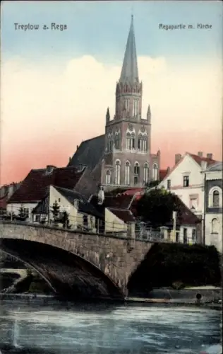 Ak Trzebiatów Treptow an der Rega Westpommern, Treptow a. Rega, Kirche, Brücke, Häuser