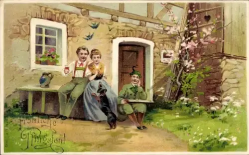 Ak Glückwunsch Pfingsten, Menschen am Haus, Dackel