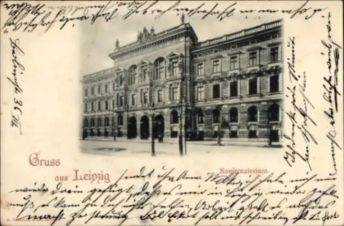 Ak Leipzig, Gebäude des Konservatoriums, "Gruss aus Leipzig", vintage Stil