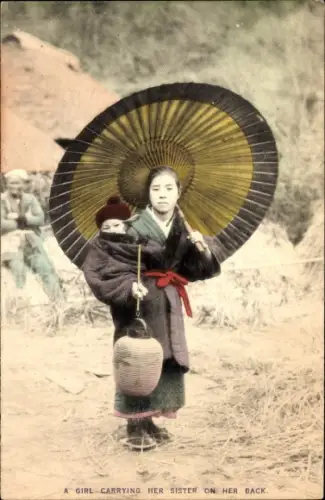 Ak Japanerin in Volkstracht mit Schwester, Regenschirm