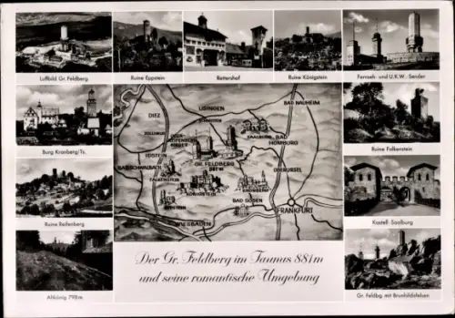 Landkarten Ak Taunus, Großer Feldberg, Ruine Eppstein, Kastell Saalburg, Burg Kronberg, Königstein